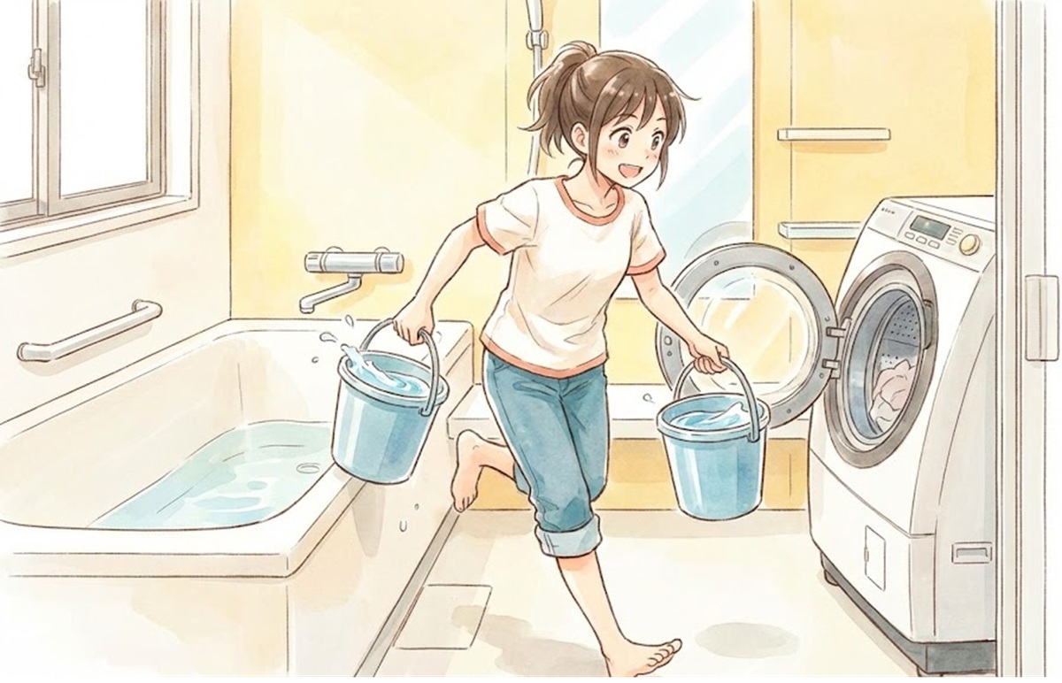 風呂水ホースを使わずバケツで洗濯機へ給水する代用テク