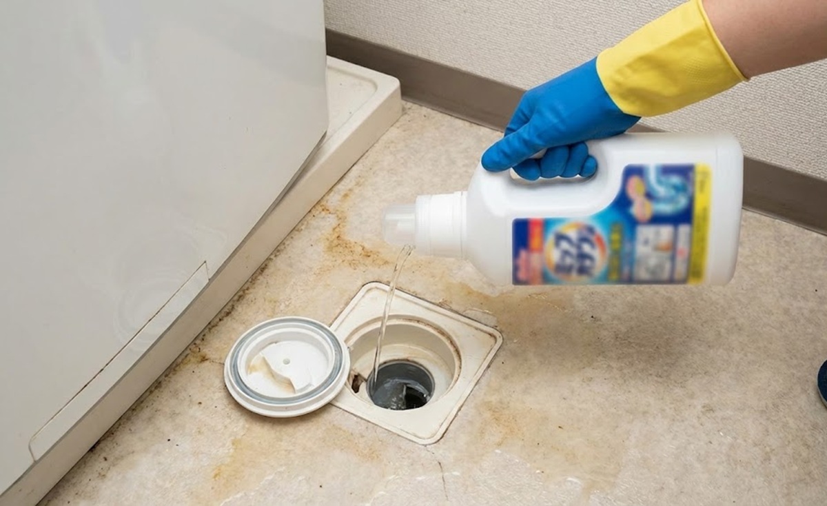 洗濯機の排水口へパイプユニッシュを使い詰まり解消