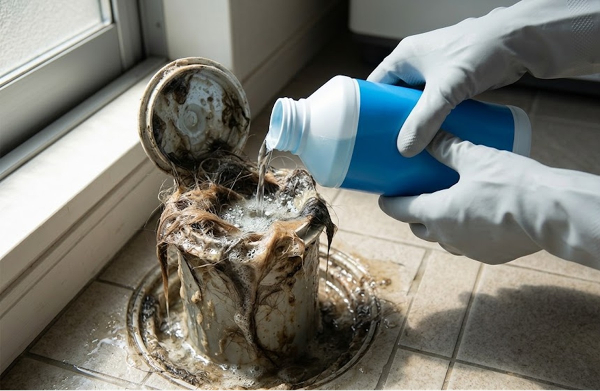 パイプクリーナーで排水管に詰まった犬の毛を溶かす手順