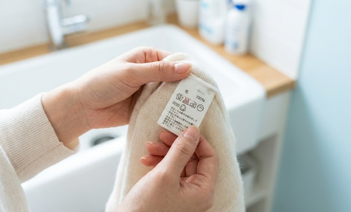 衣類に付いている「弱い手洗い」を求める洗濯表示を確認する